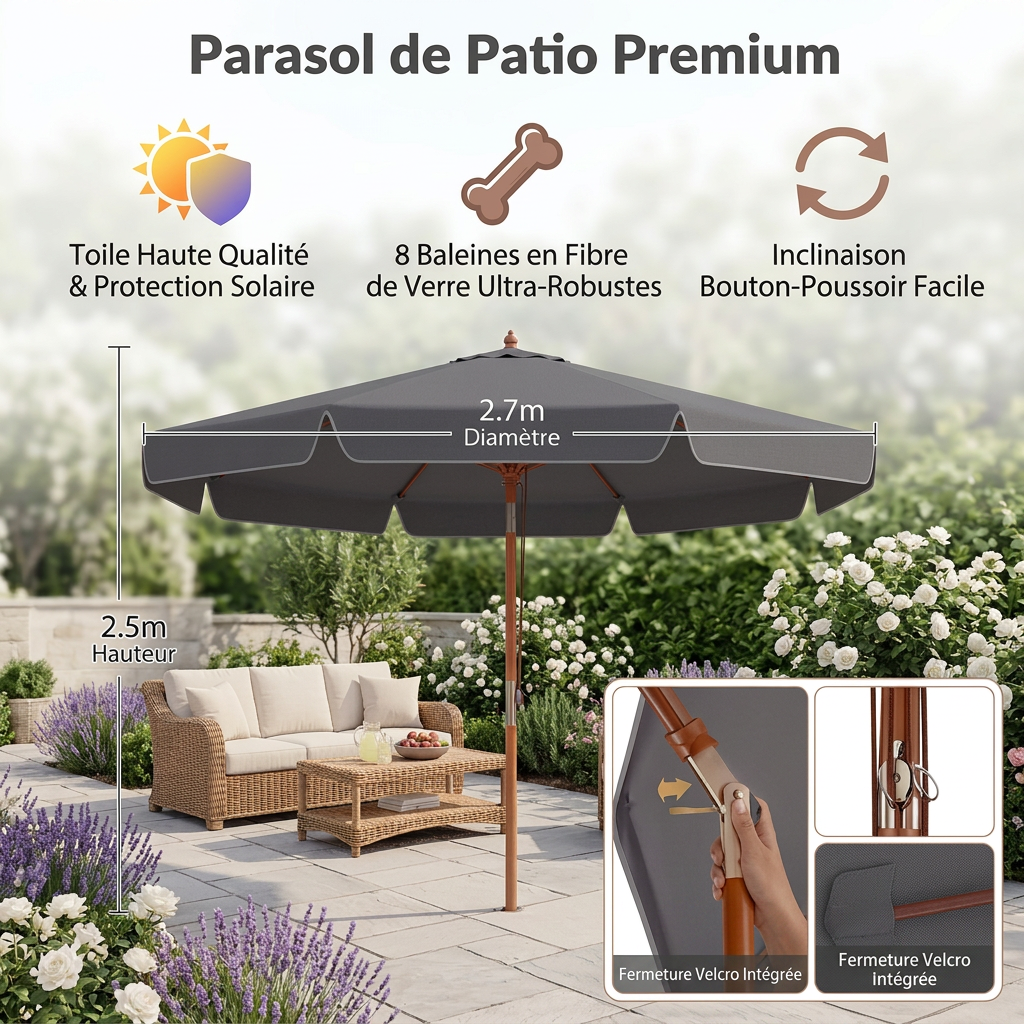 Parasol bois 300 cm toile grise