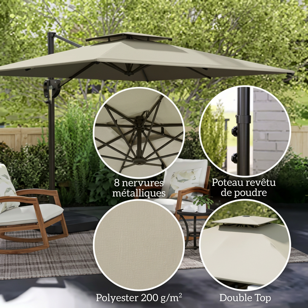 Parasol déporté carré double toit
