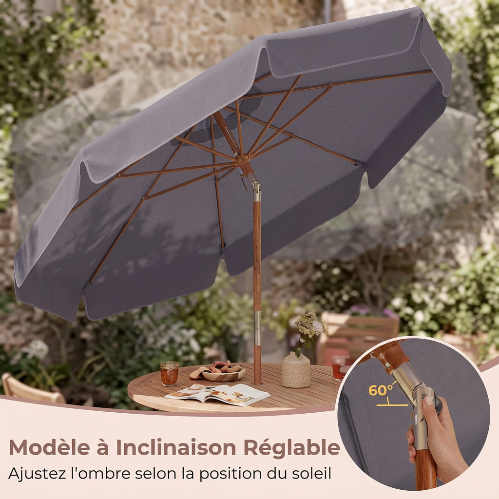 Parasol bois 300 cm toile grise
