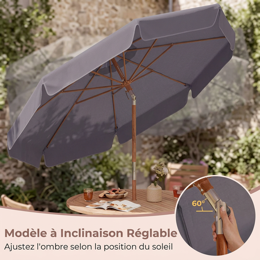 Parasol bois 300 cm toile grise