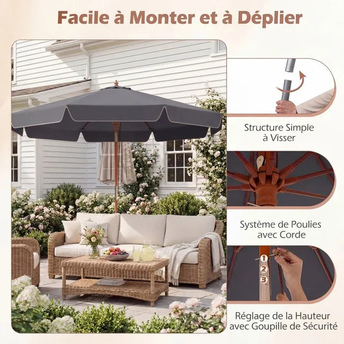 Parasol bois 300 cm toile grise