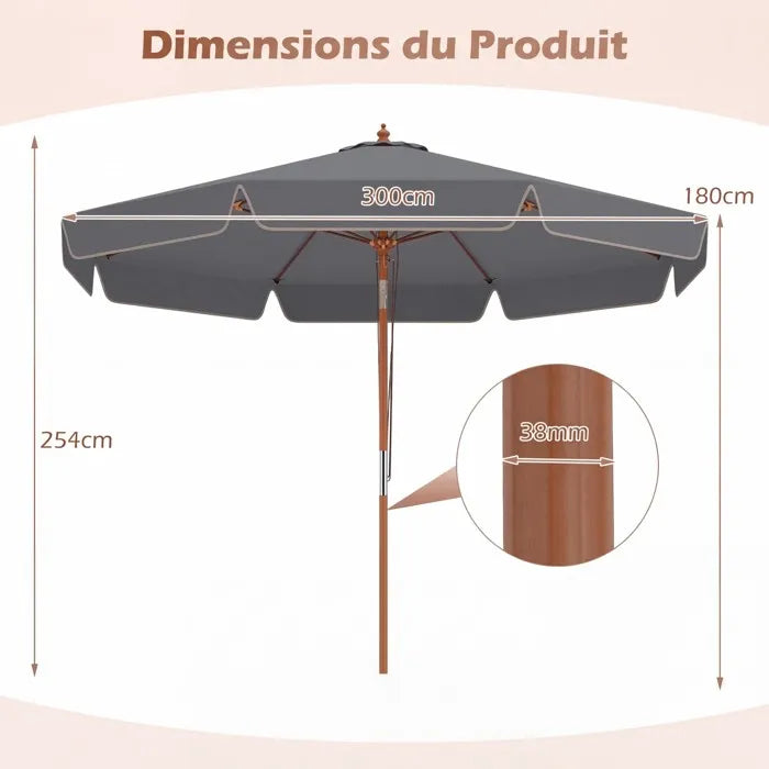 Parasol bois 300 cm toile grise